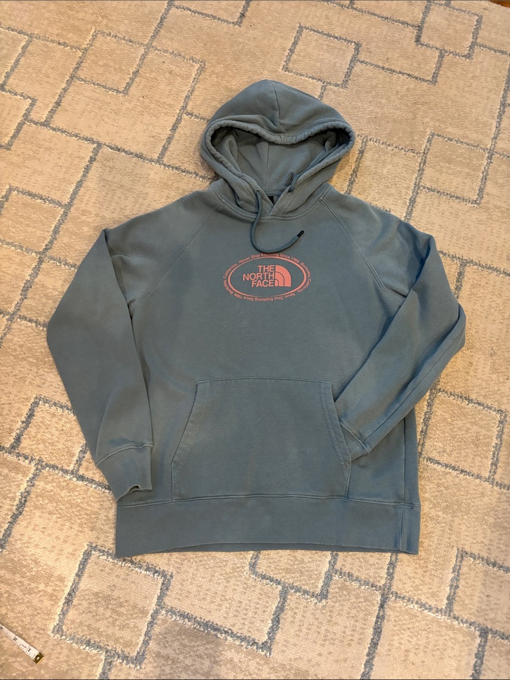The North Face Slate Green Pullover Hoodie with Pink Logo